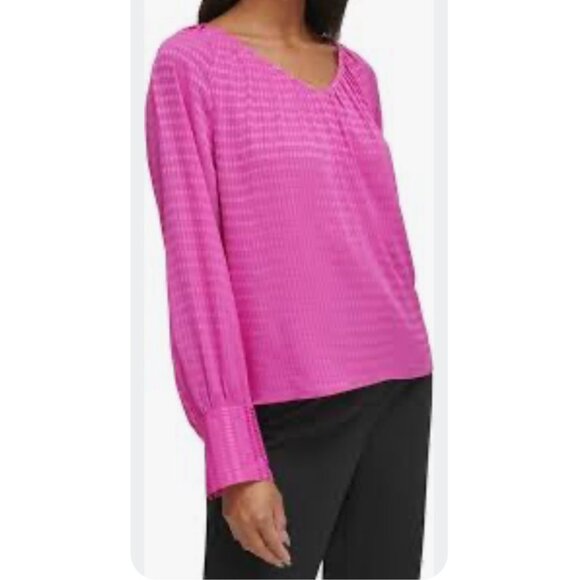 Calvin Klein Womens Fuchsia Long Sleeve Blouse With Textured Checkered Pattern S - Picture 7 of 7